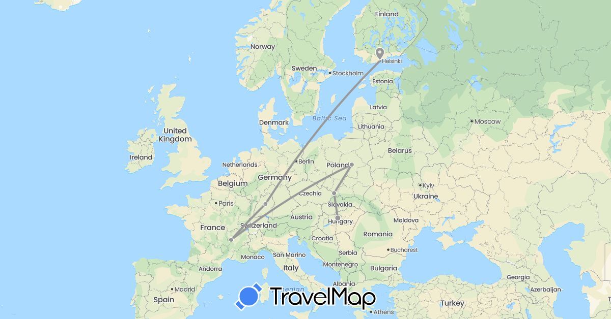TravelMap itinerary: driving, plane in Germany, Finland, France, Hungary, Poland (Europe)